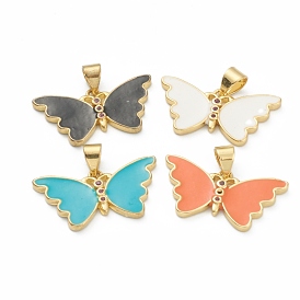 Brass Micro Pave Clear Cubic Zirconia Pendants, with Enamel, Long-Lasting Plated, Real 18K Gold Plated, Butterfly