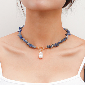Шикарное женское ожерелье из синей бирюзы с крупной жемчужиной неправильной формы и застежкой - элегантное модное украшение