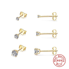 Minimalist Sterling Silver Stud Earrings Set with Diamonds - 3 Pairs