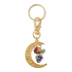 Chakra Theme Moon Natural Red Jasper & Howlite & Tiger Eye & Carnelian & Green Aventurine & Lapis Lazuli & Amethyst Chip Keychain, with Alloy Swivel Lobster Claw Clasps