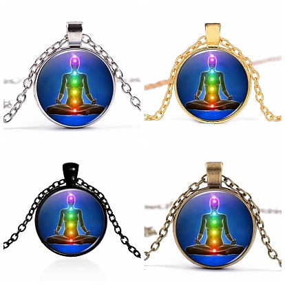 Chakra Theme Yoga Human Glass Pendant Necklace, Alloy Jewelry for Women