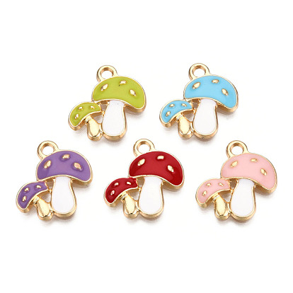 Autumn Theme Alloy Enamel Pendants, Cadmium Free & Lead Free, Double Mushroom, Light Gold