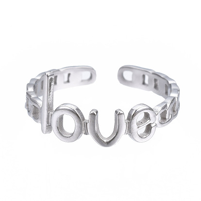 304 anneau de manchette ouvert mot amour en acier inoxydable, grosse bague creuse pour femme