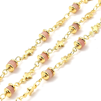 Synthetic Cherry Quartz Glass Column & Star Link Chain, with Brass Findings, Soldered, with Spool, Lead Free & Cadmium Free