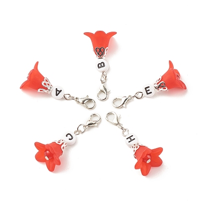 Frosted Flower Transparent Acrylic Pendant Decoration, with Natural & Dyed Malaysia Jade Beads and Random Mixed Letters Acrylic Beads, Zinc Alloy Lobster Claw Clasps and Iron Findings