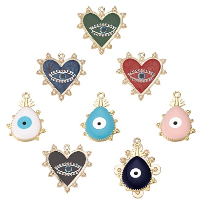 Printed Alloy Pendants, with Enamel and ABS Plastic Imitation Pearl, Heart and Oval with Eye, Light Gold