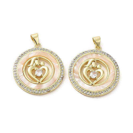 Rack Plating Brass Micro Pave Clear Cubic Zirconia Pendants, with Shell, Long-Lasting Plated, Cadmium Free & Lead Free, Flat Round with Heart