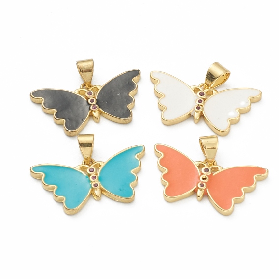 Brass Micro Pave Clear Cubic Zirconia Pendants, with Enamel, Long-Lasting Plated, Real 18K Gold Plated, Butterfly