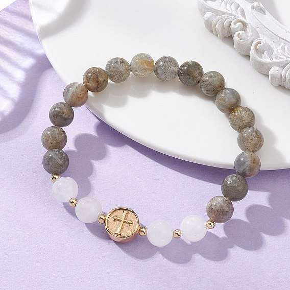 Круглые браслеты из натурального лабрадорита и белого нефрита, эластичные., 304 Плоское круглое украшение из нержавеющей стали с крестиком для женщин