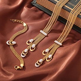 304 Stainless Steel Popcorn Chains Triple Layer Multi-strand Bracelet, with Cubic Zirconia Teardrop Links