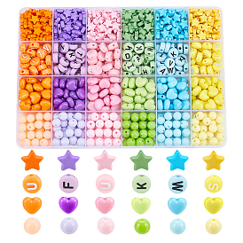 840Pcs 4 Style Opaque Acrylic Beads, Flat Round & Round & Heart & Star