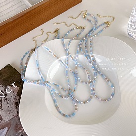 Summer crystal color necklace female niche design sense of high-level cold wind blue beaded necklace