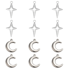 12Pcs 2 Style 304 Stainless Steel Pendants, Moon & Star