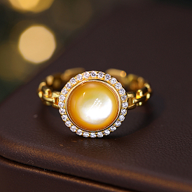 Anillos de puño ajustables de plata esterlina con micro pavé de circonita cúbica transparente, Anillos de concha natural para mujer, plano y redondo
