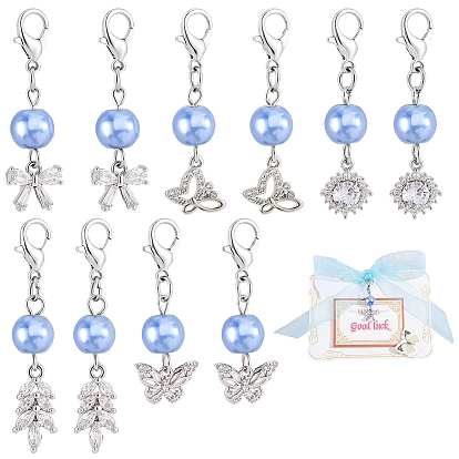 10 pièces 5 pendentif en laiton serti de micro-pavés de zirconiums cubiques transparents, avec perle de verre, avec alliage homard fermoirs pince, formes mixtes