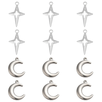 12Pcs 2 Style 304 Stainless Steel Pendants, Moon & Star
