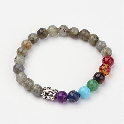 Gemstone Beads Stretch Bracelets, with Tibetan Style Alloy Buddha Head Beads