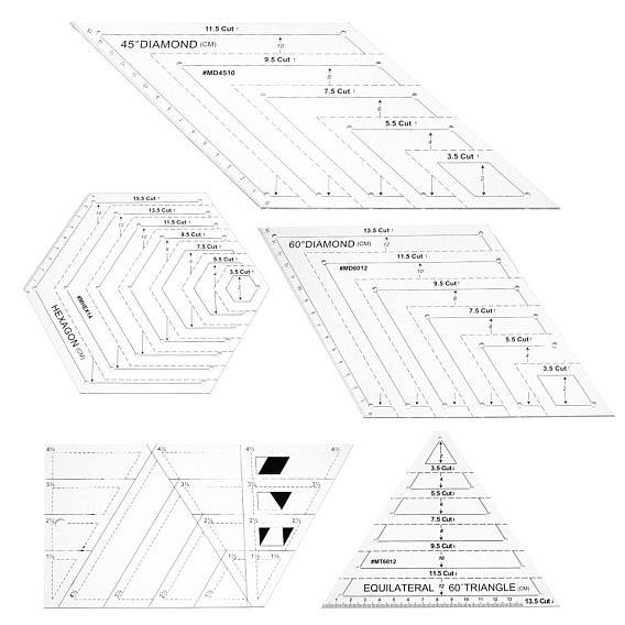 Acrylic Quilting Ruler, Trapezoid & Diamond & Hexagon & Triangle Shape Templates, Transparent Patchwork Sewing Cutting Craft Ruler DIY Tools