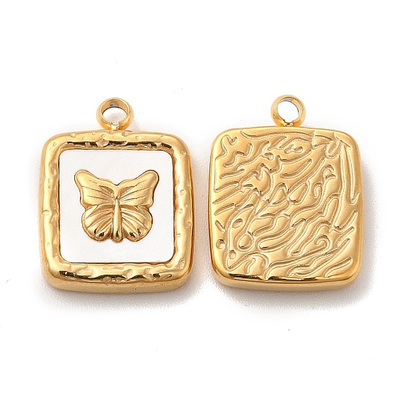 PVD Vacuum Plating 304 Stainless Steel Pendants, with Shell  Square Charms with Butterfly