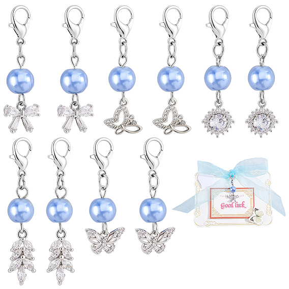 10 pièces 5 pendentif en laiton serti de micro-pavés de zirconiums cubiques transparents, avec perle de verre, avec alliage homard fermoirs pince, formes mixtes