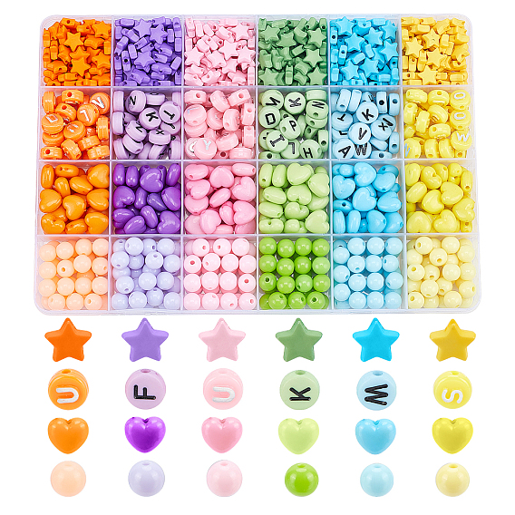 840Pcs 4 Style Opaque Acrylic Beads, Flat Round & Round & Heart & Star