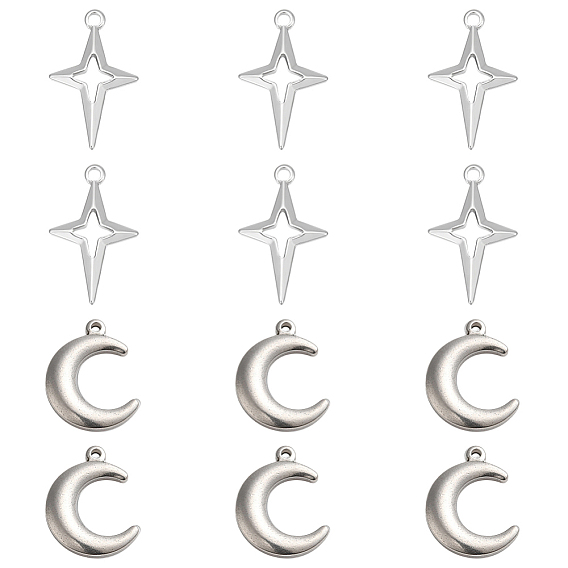 12Pcs 2 Style 304 Stainless Steel Pendants, Moon & Star