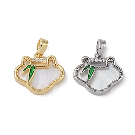 Brass & Shell & Clear Cubic Zirconia Charms, with Enamel, Longevity Lock Charms