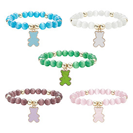 Bracelet extensible en perles rondes oeil de chat, bracelet réglable de charme d'ours d'émail d'alliage pour des femmes