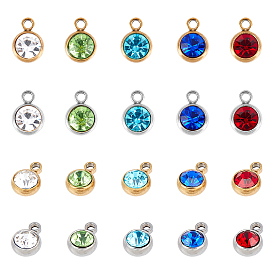 20Pcs 10 Style 304 Stainless Steel Charms, with Acrylic Rhinestone, Birthstone Charms, Faceted, Flat Round