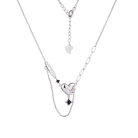 Pink Cubic Zirconia Heart & Word Love Pendant Necklace, Brass Chain Tassel Necklace for Women