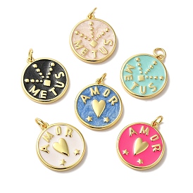 Brass Enamel Pendants, with Jump Ring, Real 18K Gold Plated, Cadmium Free & Lead Free, Flat Round with Word Charm