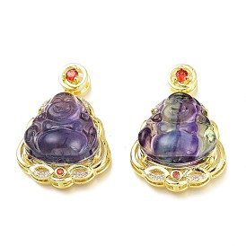Carved Natural Fluorite Pendants, with Brass Settings, Buddha