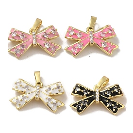 Rack Plating Brass Micro Pave Clear Cubic Zirconia Enamel Pendants, Bowknot, Lead Free & Cadmium Free, Long-Lasting Plated, Real 18K Gold Plated