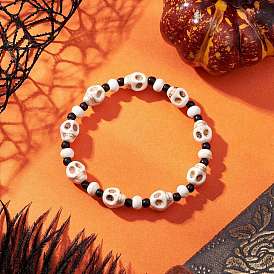 Браслеты из синтетической бирюзы и стеклянных бусин, эластичные браслеты для мужчин и женщин, череп