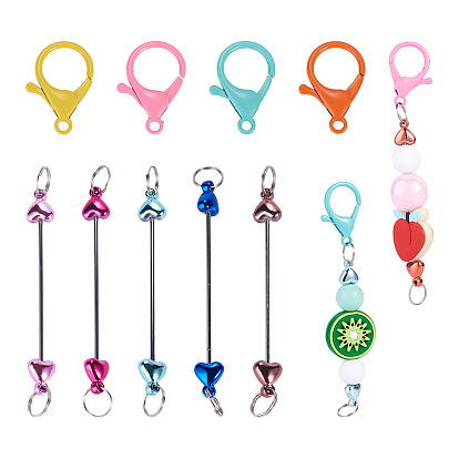 5 Porte-clés en fer forgé avec perles (pièces), avec des perles en forme de cœur en plastique, porte-clés à faire soi-même, platine, avec 5 pièces de fermoirs mousquetons en alliage écologique peints à la bombe
