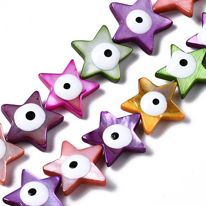 Natural Freshwater Shell Beads Strands, with Enamel, Double-Faced, Star with Evil Eye, Dyed