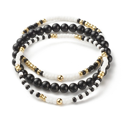 Natural Black Onyx Beads Stretch Bracelets Set for Women, Glass Seed Beads Bracelets