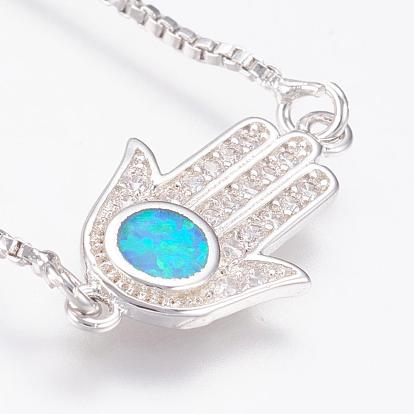 Long-Lasting Plated Adjustable Brass Cubic Zirconia Slider Bracelets, Bolo Bracelets, with Synthetic Opal, Hamsa Hand/Hand of Fatima/Hand of Miriam
