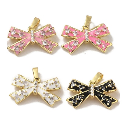 Rack Plating Brass Micro Pave Clear Cubic Zirconia Enamel Pendants, Bowknot, Lead Free & Cadmium Free, Long-Lasting Plated, Real 18K Gold Plated