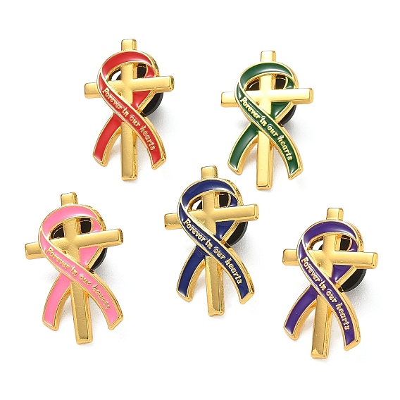 Forever in Our Hearts Awareness Ribbon in Cross Enamel Pins, Alloy Lapel Pin Backs for Backpack Clothes, Golden
