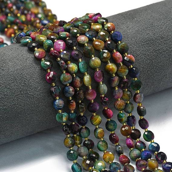 Нити бусин из натурального тигрового глаза (окрашенные и нагретые), с бисером, граненый ромб, плоско-круглые