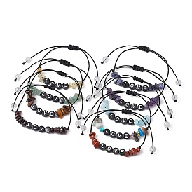 Natural Gemstone Braided Bead Bracelets, Word Love Acrylic Bead Adjustable Bracelets for Women