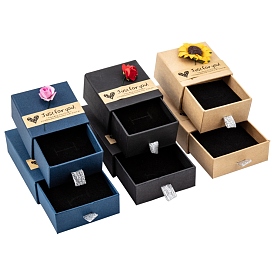 Kraft Paper Jewelry Ring Box, with Paper Flower and Stickers, Square & Rectangle