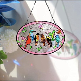 Oval Acrylic Stained Window Planel with Chain, Window Suncatcher Home Hanging Ornaments, Bird Pattern