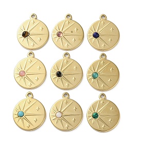 Vacuum Plating 316 Stainless Steel Pendants, with Gemstone, Flat Round, Real 18K Gold Plated