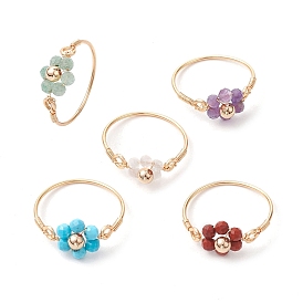 Bague en pierre précieuse naturelle fleur, bague enveloppée de fil de cuivre pour femme