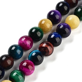 7 Colors Natural Tiger Eye Beads Strands, Round, Mixed Dyed and Undyed