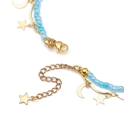 Moon and Star Charms & Glass Seed Flower Double Layered Necklace, Brass Jewlery for Women