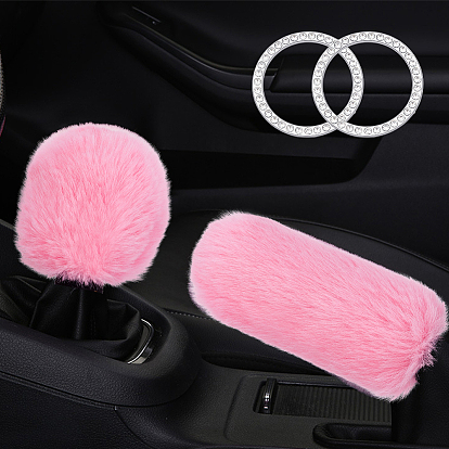 Plush Car Gear & Handbrake Cover Sets, with Self Adhesive Platinum Rhinestone Car Stickers