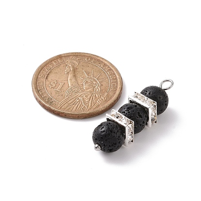 Natural Lava Rock Pendants, with Platinum Tone Brass Crystal Rhinestone Spacer Beads, Column Charms